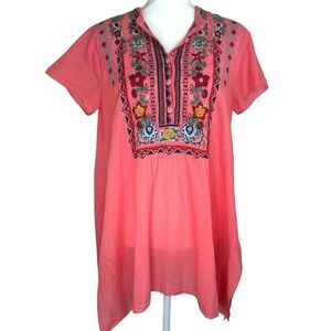 Johnny Was Embroidered Short Sleeve Tunic Top Small Coral Pink Floral Boho